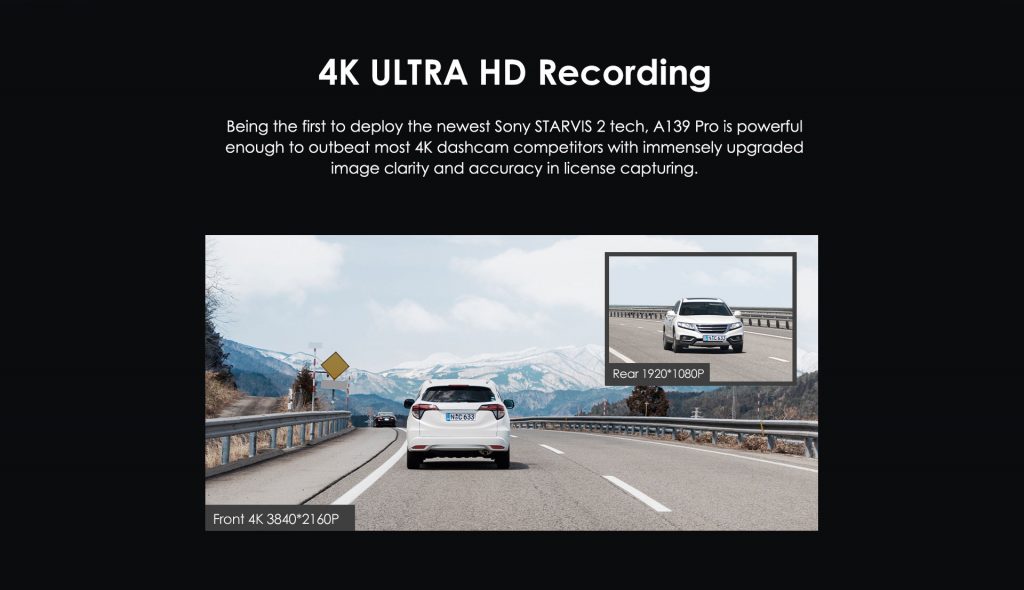 A139 Pro 4K - 2 Channel - Front and Rear Dashcam