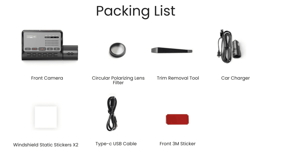 A139 Pro 4K Dashcam packing list