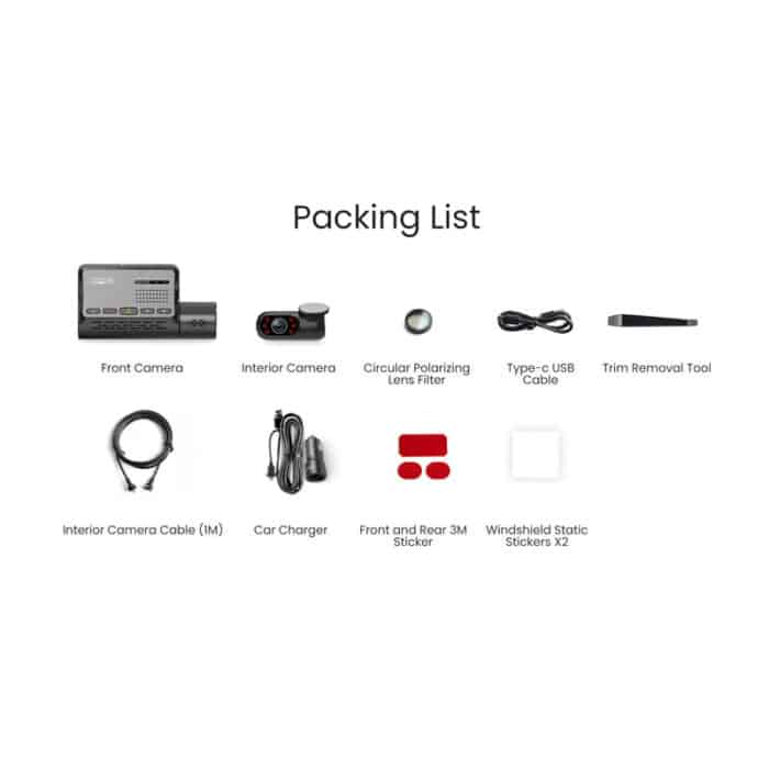 A139 Pro 4K Dashcam 2 Channel Front Interior packing list