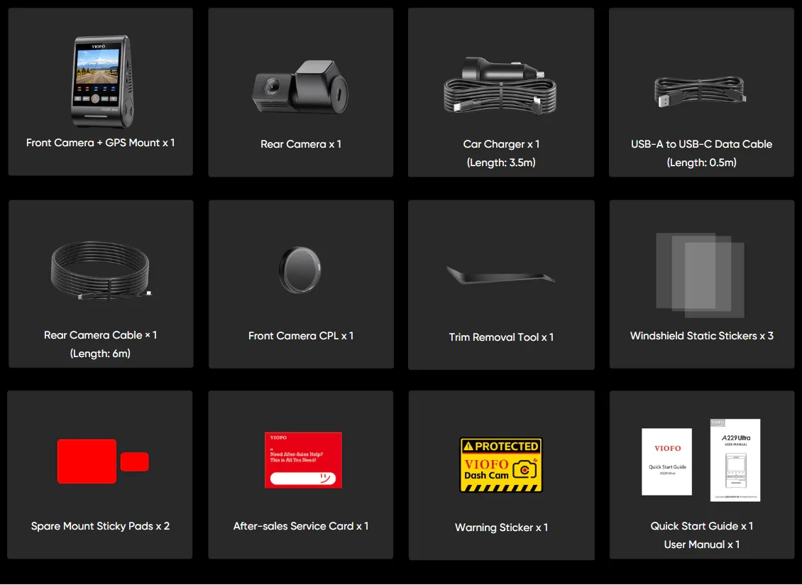 VIOFO A229 Ultra 2CH packing list
