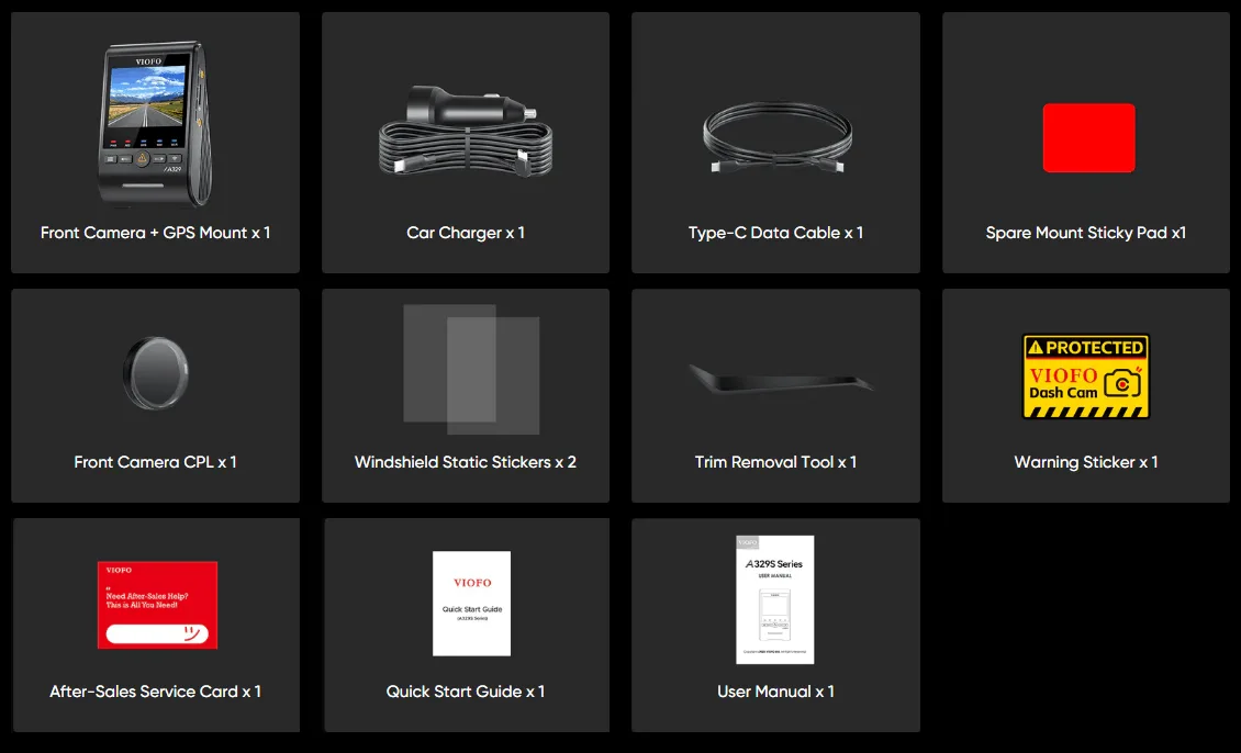VIOFO A329S 1CH packing list
