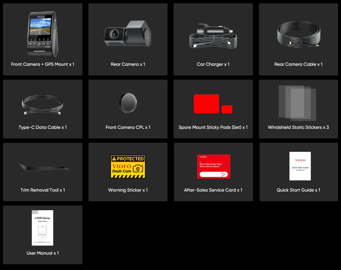VIOFO A329S 2CH packing list