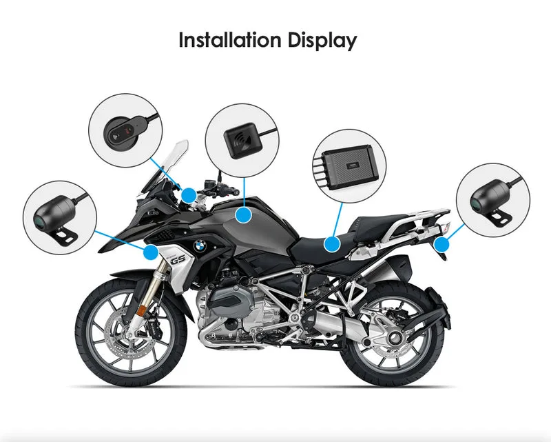 MT1 motorcycle installation layout showing front camera rear camera recorder GPS and remote