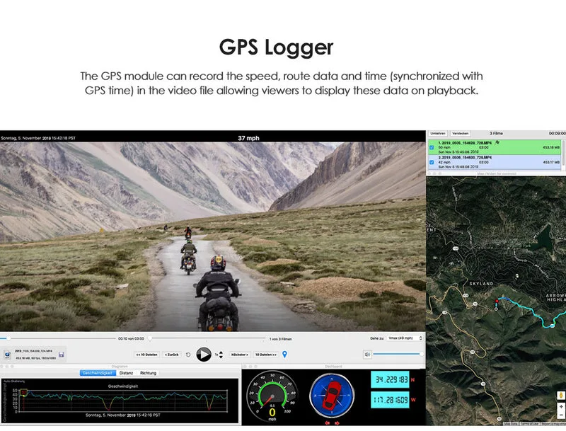 MT1 GPS logger playback showing route speed and video