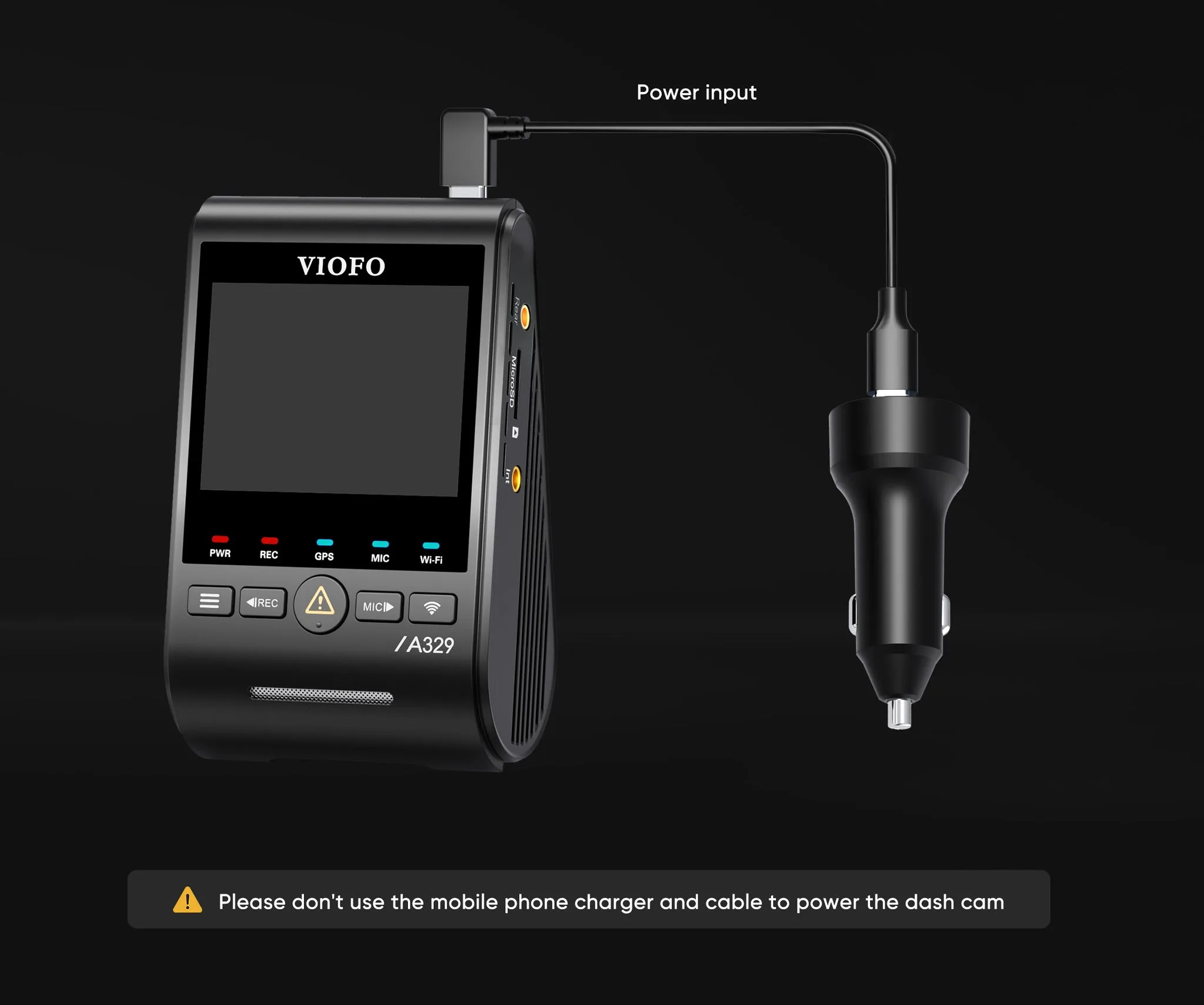 VIOFO A329S 1CH dimensions and cable layout