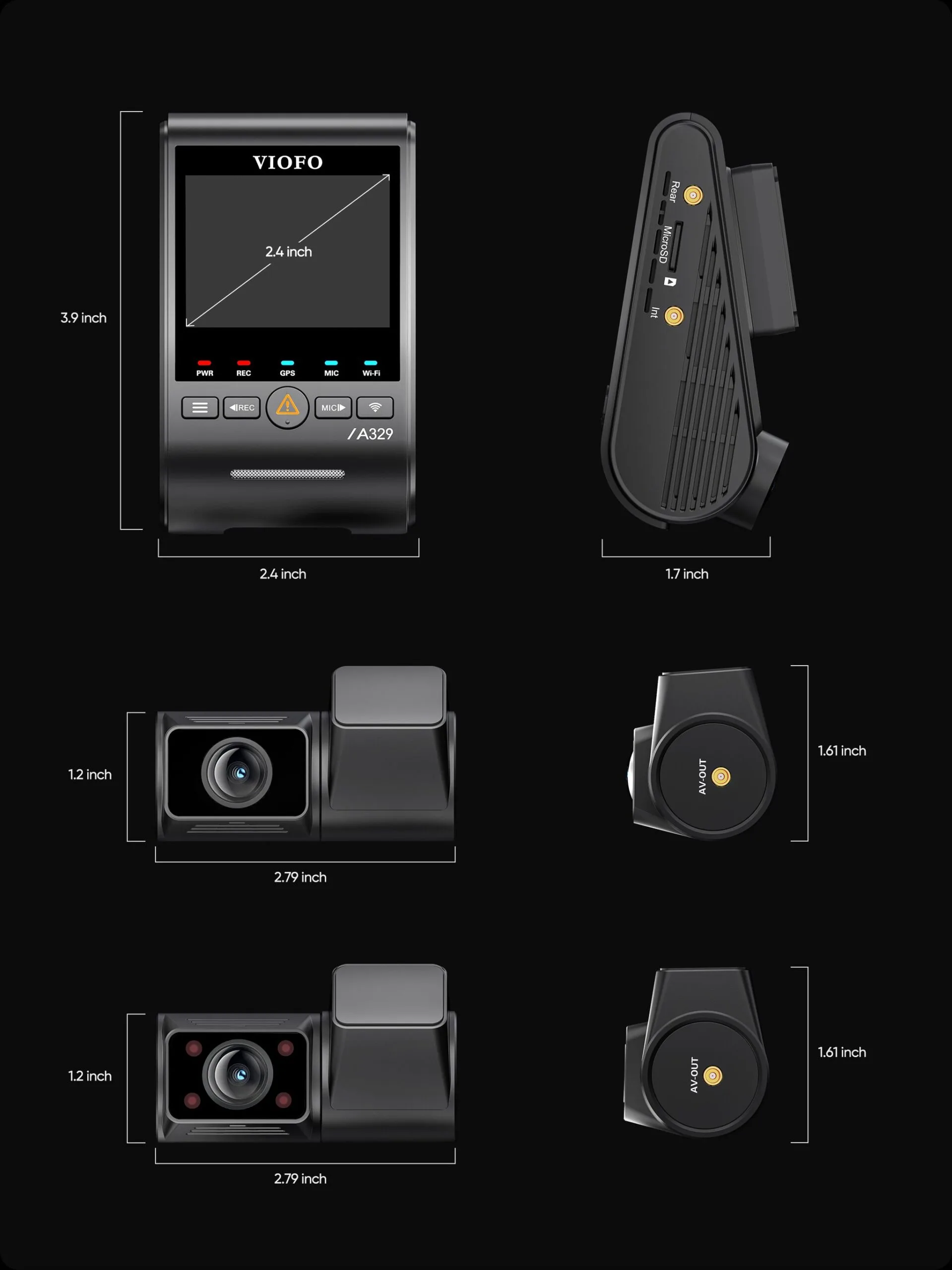 VIOFO A329S 3CH dimensions and cable layout