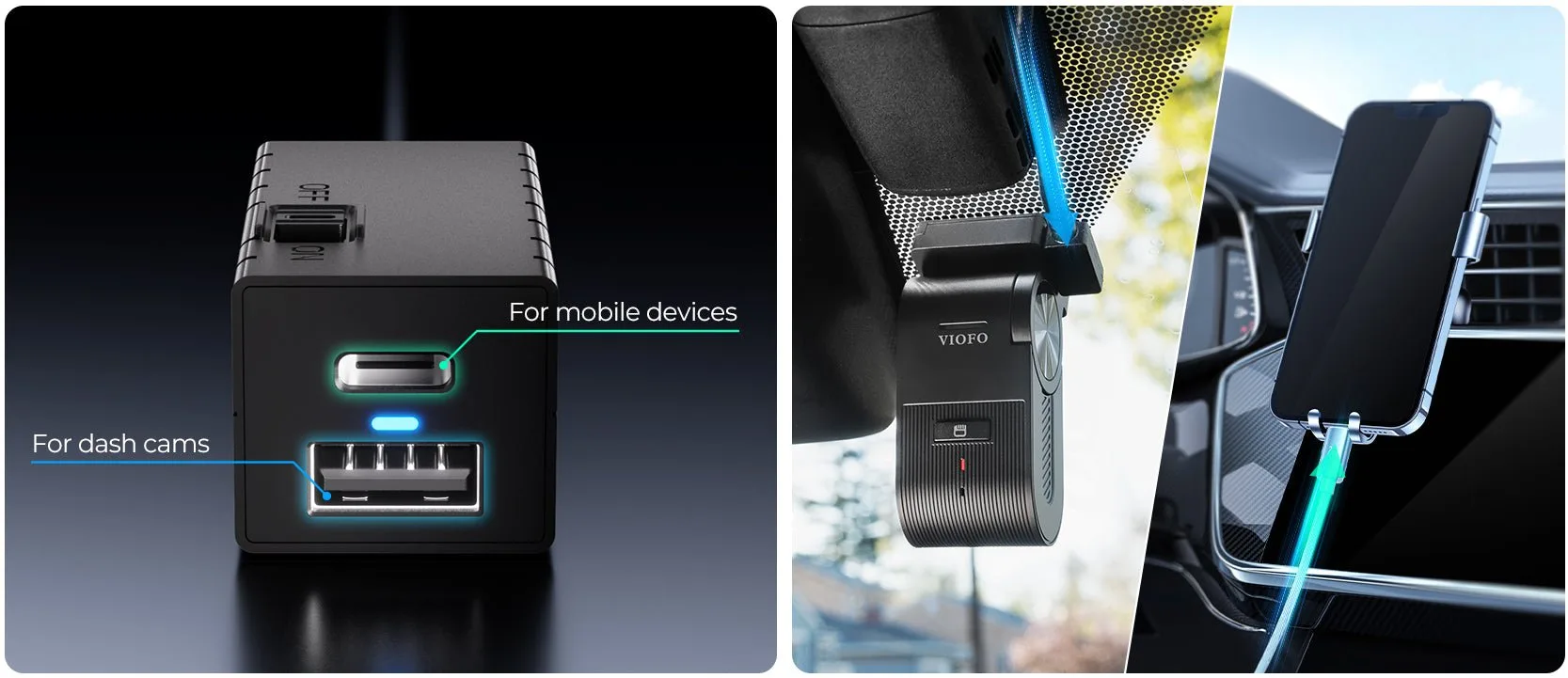 OP100 dual outputs for dash cam and mobile device