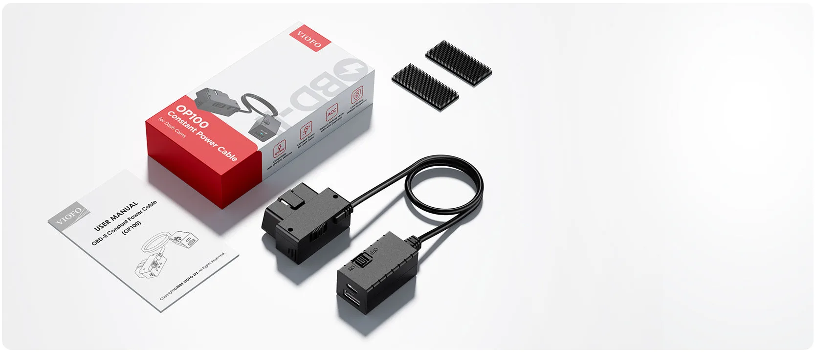 OP100 packing contents including cable, fasteners, manual and box