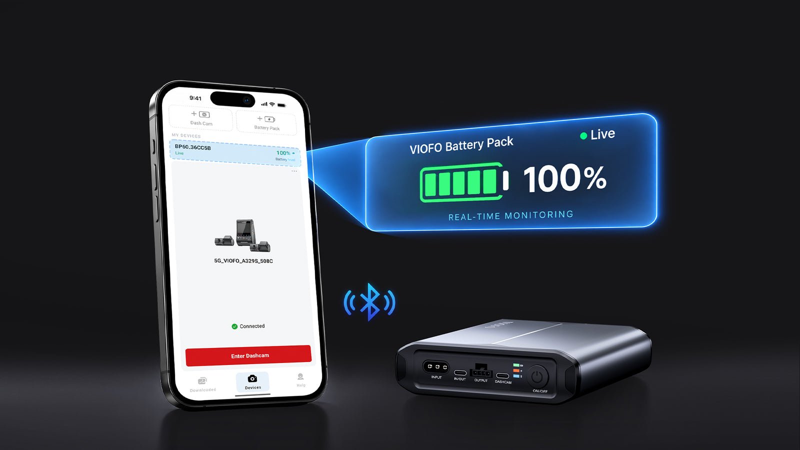 BP60 5000mAh dash cam battery pack for parking mode 17 VIOFO app displaying BP60 live battery level