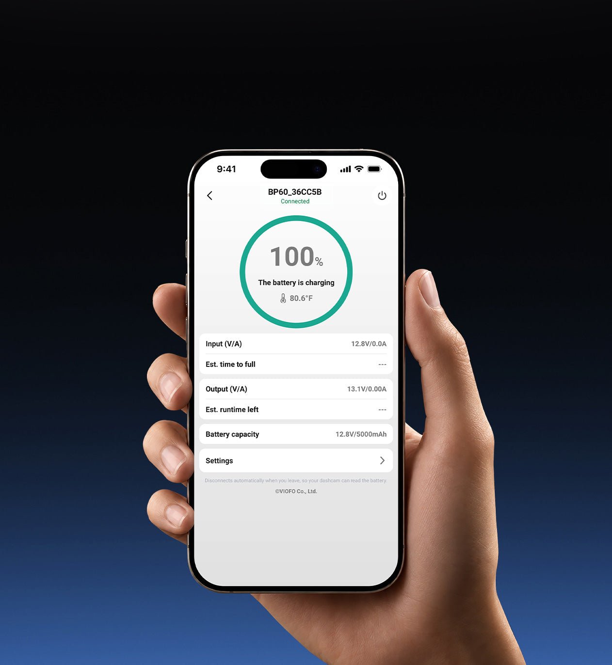 BP60 5000mAh dash cam battery pack for parking mode 8 VIOFO app connected to BP60 over Bluetooth