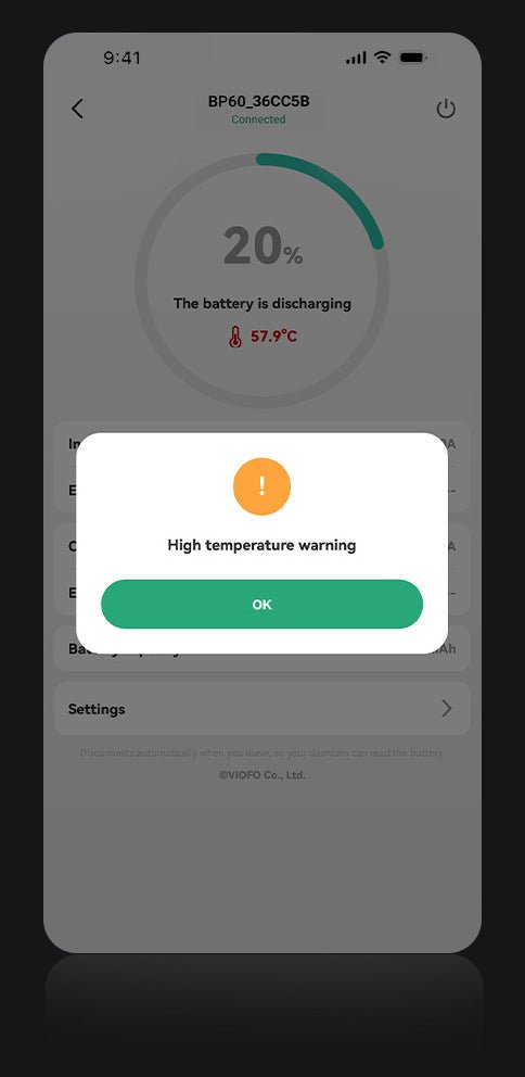 BP60 5000mAh dash cam battery pack for parking mode 18 VIOFO app high-temperature alert for BP60