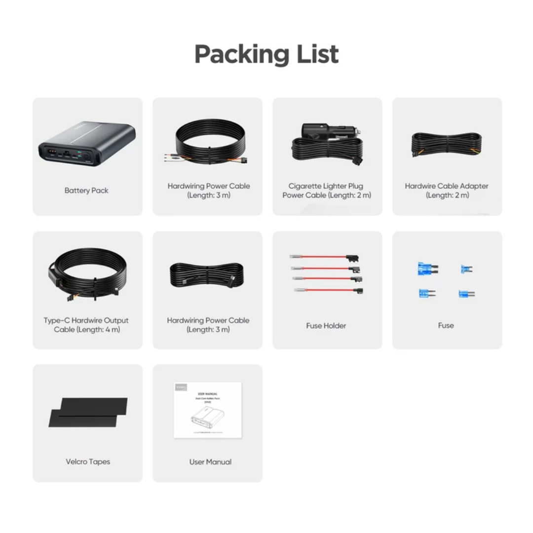 BP60 5000mAh dash cam battery pack for parking mode 24 VIOFO BP60 packing list and included cables